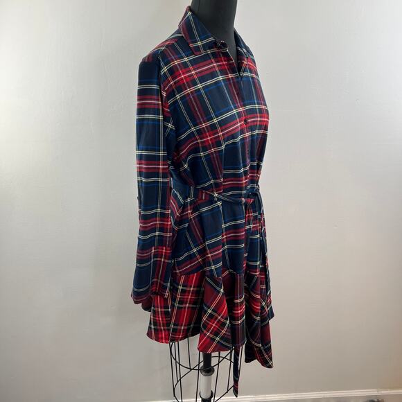 ZARA Navy Blue Red Tartan Plaid Asymmetric ButtonUp Tie Waist Midi Shirt Dress S - Picture 5 of 8